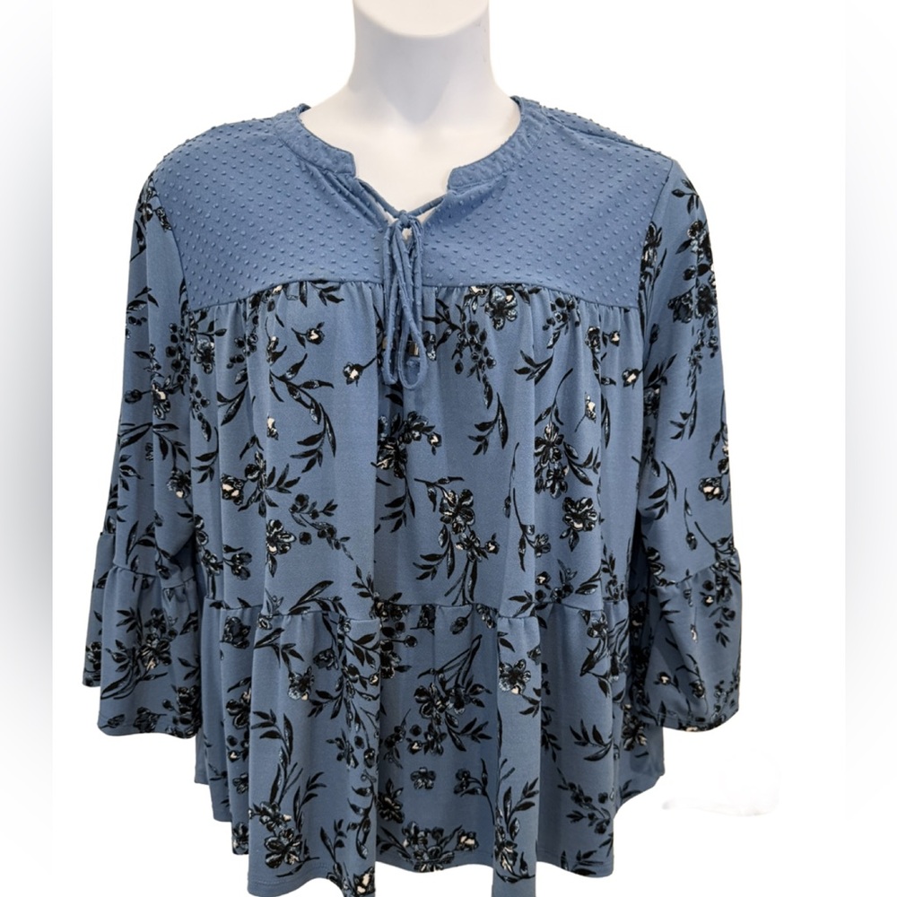 Plus size True Self Long Sleeve Floral Blue Blouse; 2X